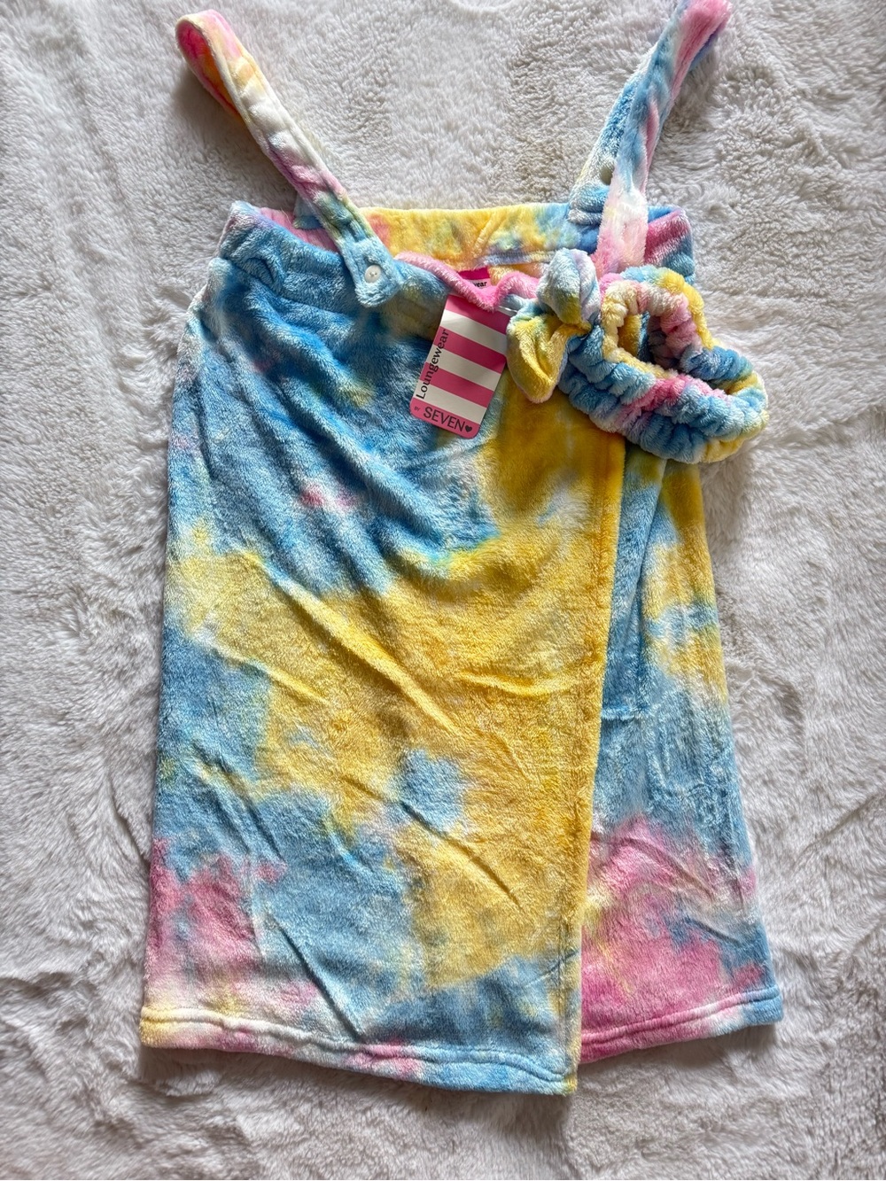 NWT Women’s Tie-Dye Terry Wrap Dress with Scrunchie Headband-Blue/Yellow/Pink